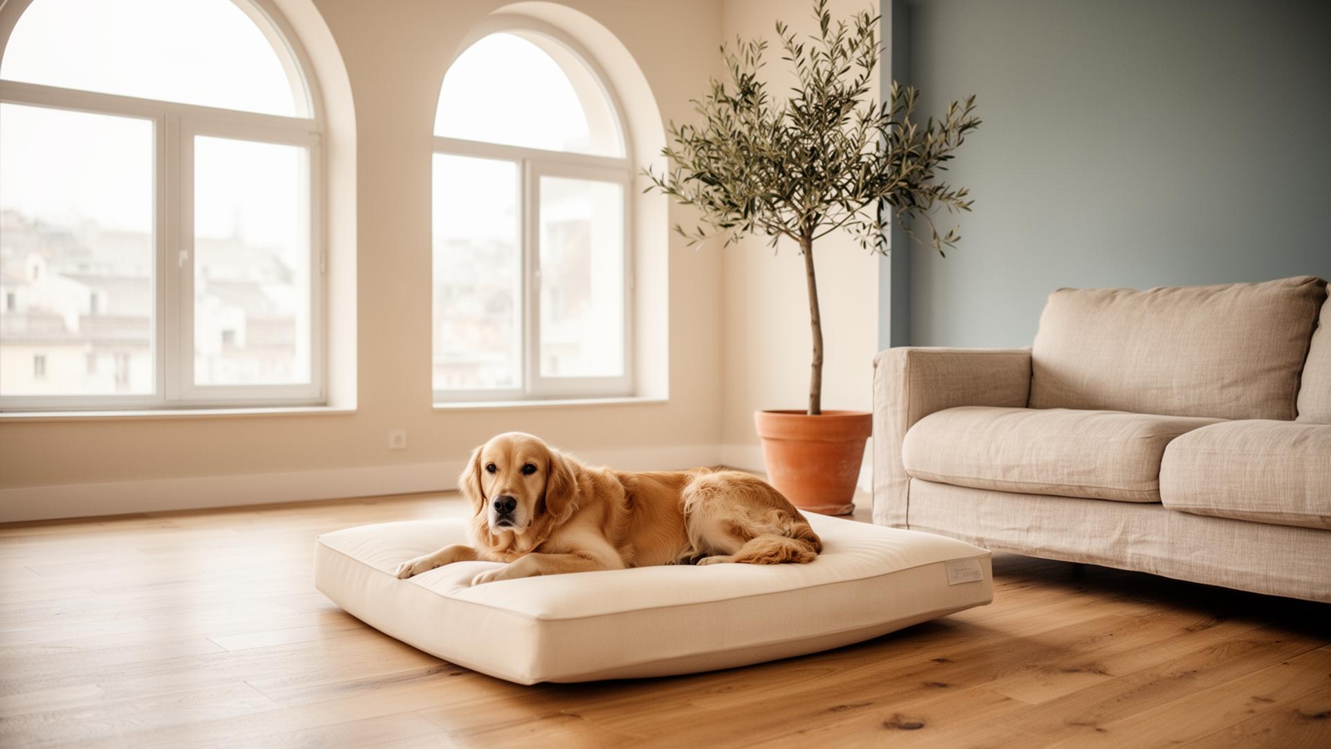Golden retriever resting on a cream orthopedic dog bed in a sunlit modern living room